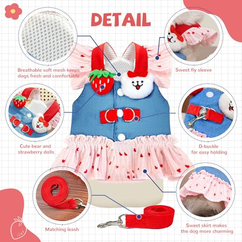 Small Dog Harness and Leash Set Denim Cat Harness Dress for Puppy Clothes for Girls Pink Dog Birthday Dress French Bulldog...