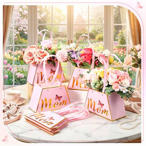 Tinlade 12 Pcs Mother's Day Flower Boxes for Arrangements with Handle Pink and Gold Mom Floral Bouquet Gift Bag Holder Wat...