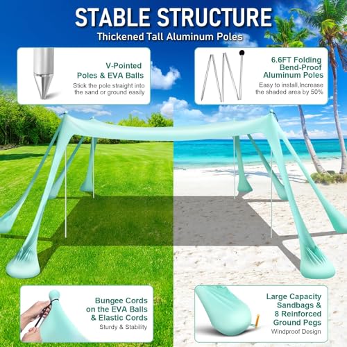 Ahititi Beach Tent Sun Shelter Beach Canopy Tent Sun Shade Pop Up 10x10 UPF50+ with 8 Sandbags-2 Sand Shovel-Portable 4 Al...