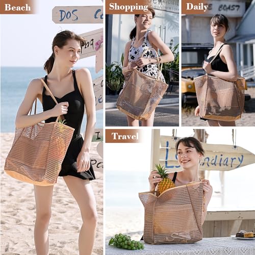 Tavaleu Mesh Beach Bag, Beach Bags for Women, Woven Straw Beach Tote Bag Waterproof with Inner Pocket, Packable Beach Bag