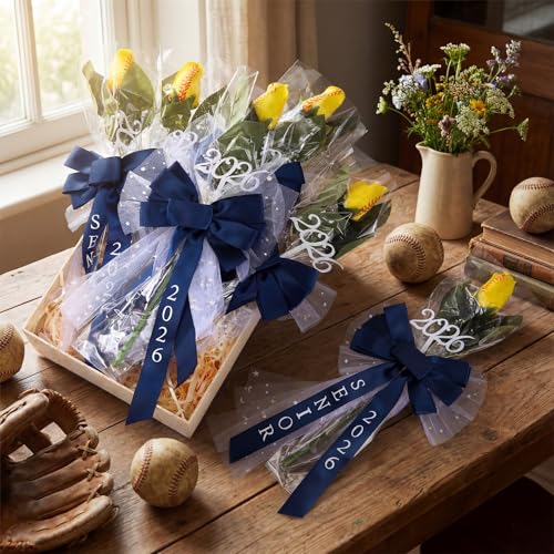Suncalla 6 Pcs Senior 2026 Softball Rose with Bows Artificial Fake Softball Flower Gifts Graduation Senior Night Gifts Bas...