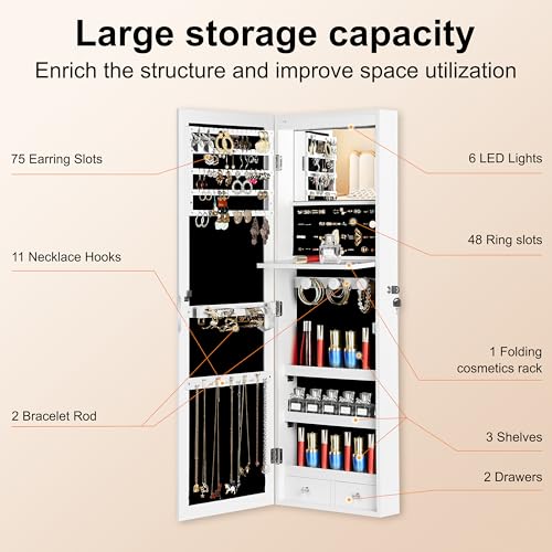 JOYUSAEN Mirror Jewelry Cabinet, Wall/Door Mounted Jewelry Armoire with Full-Length Mirror, Hanging Jewelry Organizer with...