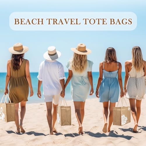 Coume 6 Pack Beach Burlap Tote Bags Bulk Large Beach Jute Tote Bag with Handles 14.2" x 12.6" x 7.5" for DIY Bridesmaid Gi...