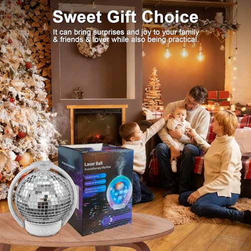 Rotating Disco Ball Diffuser, Mirror Ball Cute Diffuser with RGB Color Night Light, 2Timer Seting & 3 Light Mode Mirror Es...