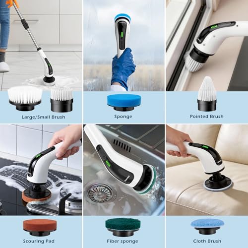 Bomves Electric Spin Scrubber, Cordless Cleaning Brush Scrubber for Home, 8 Replaceable Brush Heads-90Mins Work Time, 3 Ad...