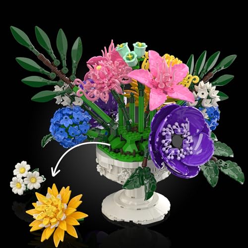 Cogibrix Botanicals Flower Bouquet Building Set - Includes Hydrangeas, Snapdragons, Peonies & More, Artificial Flower Arra...