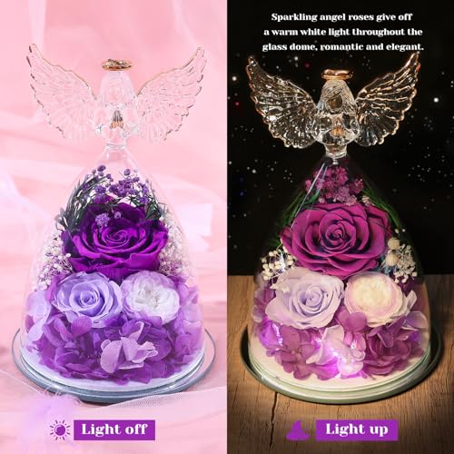 FIACO Gifts for Mom Women Birthday Preserved Rose in Glass Angel Figurine Forever Fresh Flower for Delivery, Mothers Day F...