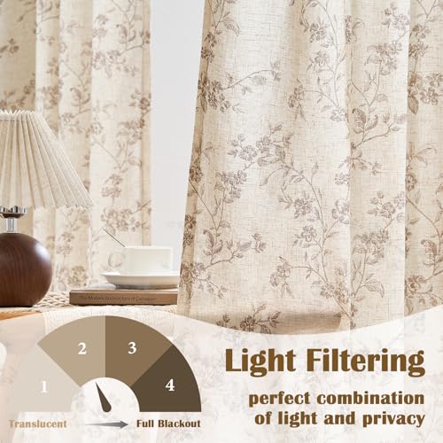 Lazzzy Taupe Floral Linen Curtains 84 Inch Farmhouse Curtain Back Tab Drapes for Living Room Bedroom Light Filtering Vinta...