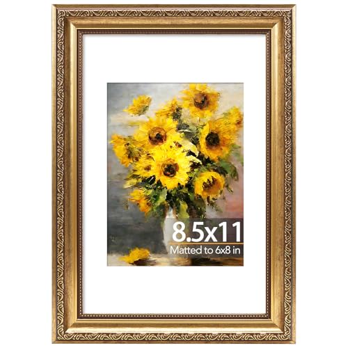 JCJMY 8.5x11 Vintage Picture Frame with 6x8 Mat, Elegant Retro 8.5 by 11 Photo Frame with Shatter-Resistant Plexiglass for...
