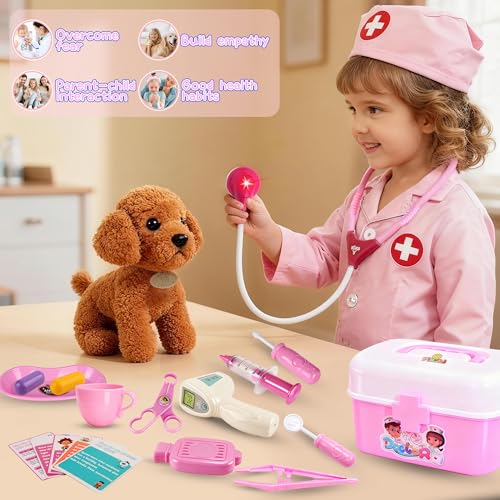 Girl Toys Doctor Kit for Toddlers 3-5 with Plush Dog, 39 PCS Kids Vet Play Set with Heartbeat Sound Stethoscope & Dress Up...