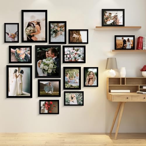 BESCRCL 15 Pack Real Glass Picture Frames Collage Wall Decor, Including 3pcs 8x10, 6pcs 5x7, 6pcs 4x6 Photo Frames for Gal...