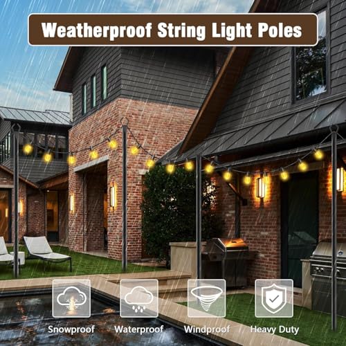 AILBTON 10Ft String Light Poles 4 Pack,Light Poles for Outside Lights,Outdoor with Fence Brackets Hanging Lights,Metal Sta...