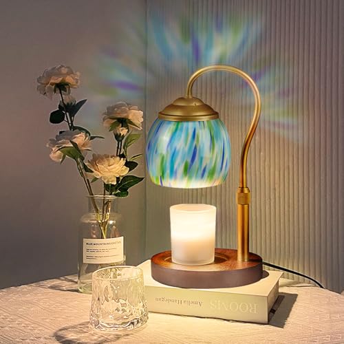 Blue Opal art glass Candle Warmer Lamp with Wood Base - Height Adjustable, 2/4/8H Timer, 4-Level Dimmer - Includes 2 GU10 ...