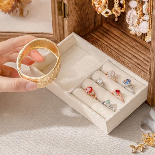 SINGLBA Necklace Holder Organizer, Wooden Jewelry Box for Women Girls, Rotatable Jewelry Organizer Case with Ring Tray Dis...