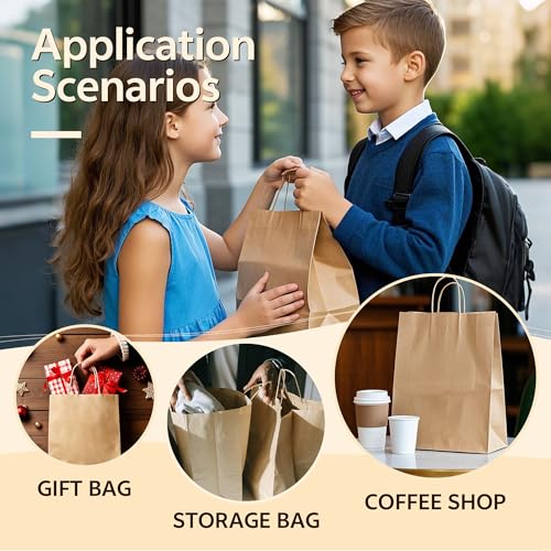 YEEHAW Brown Paper Bags with Handles Bulk 8"x4.5"x10.8" 100Pcs Gift Kraft Bags Medium Size, Brown Craft with Handles, Gift...