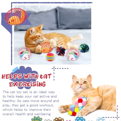 Lenwen 100 Pcs Cat Toys Set Bulk Cat Fur Mice Toys Variety Plastic Ball with Bell Furry Pompom Rattle Mouse Assorted Inter...