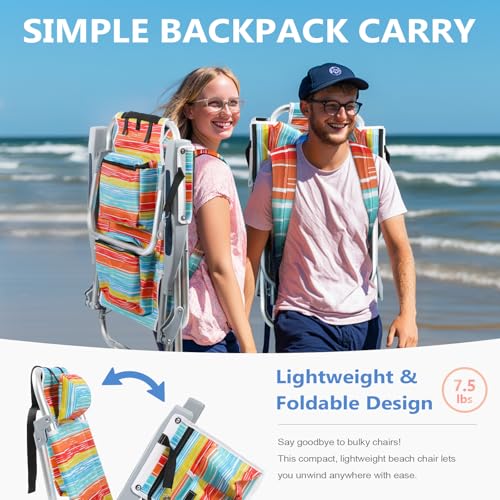 PASAMIC Backpack Beach Chairs for Adults 2 Pack Portable, Lay Flat Reclining Beach Chairs with 5 Positions, Tall Heavy Dut...