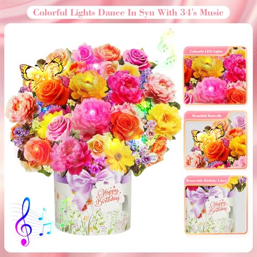 XTF2015 Birthday Cards with MUSIC & LIGHTS, Happy Birthday Card, Peony & Butterfly, 13 Inch Life Sized Forever Flower Bouq...