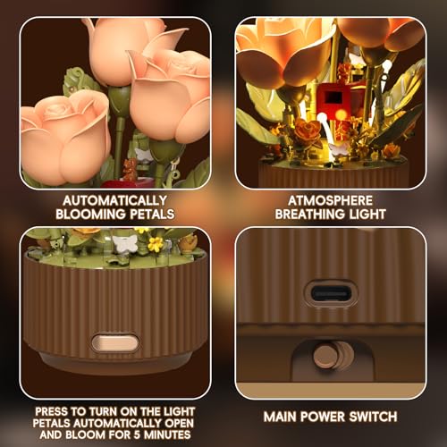 LANGLICHUN Rose Flower Building Blocks Set Motorized Blooming Flowers for Adults Romantic Gift for Women Girlfriend Home D...