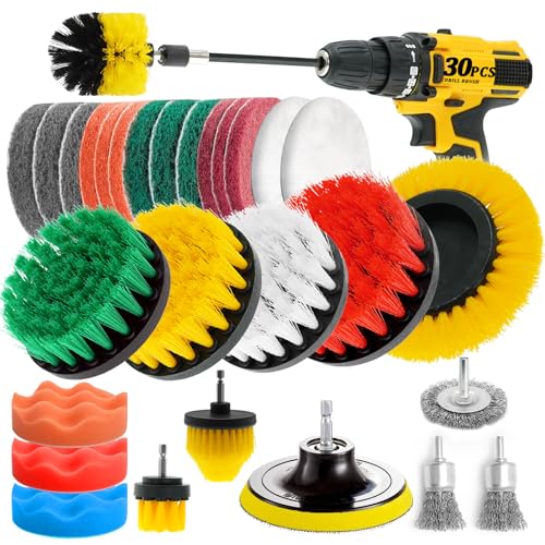 ETOUPA 30 Piece Drill Brush Attachments Set, Scrub Pads & Sponge & Wire Brush for Drill, Power Scrubber Brush with Extend ...
