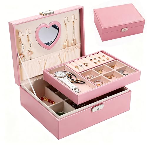 Jewelry Box Organizer for Women, 2-Layer Large Jewelry Storage Boxes with Mirror Ideal Gift Earrings Box Case for Necklac...