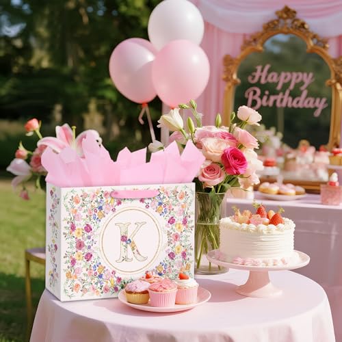 Loveinside 13" Large Floral Monogram Letter K Gift Bag, Personalized Alphabet Flower Initial Gift Bag with Tissue Paper fo...