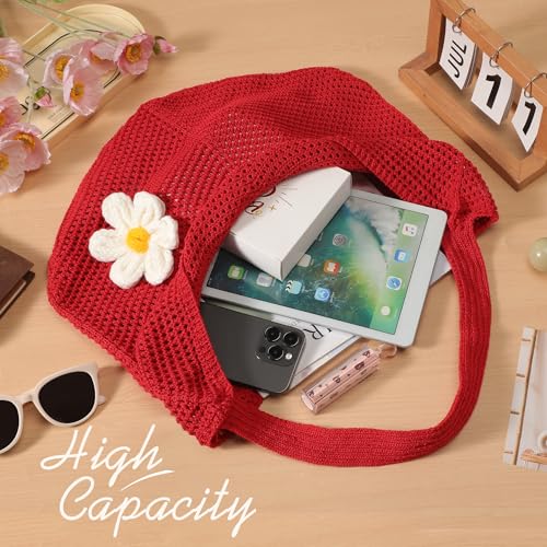 Premillow Crochet Beach Bags for Women, Summer Beach Tote Bag, Mesh Cute Beach Purse, Aesthetic Knit Bag Handbag Shoulder Bag