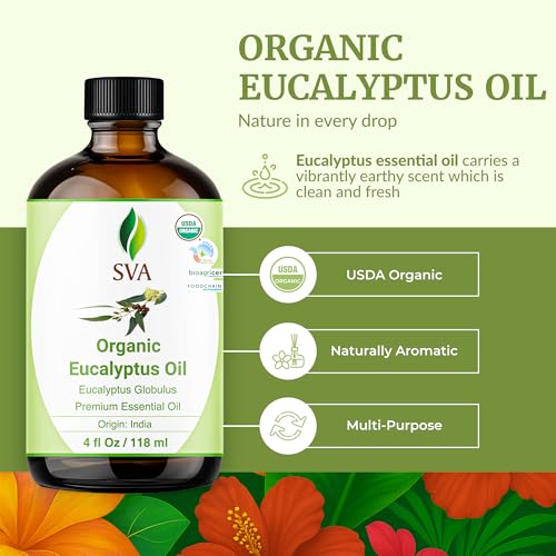 SVA Eucalyptus Essential Oil Organic – 4 Fl Oz – 100% Natural Organic Eucalyptus Oil - for Diffuser, Hair, Face, Skin Car...