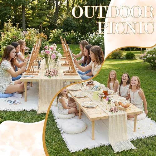 Beeveer 91 x 71'' Extra Large Outdoor Picnic Blanket with Beige Table Runner 6 Napkins and 6 Beige Floor Pillows Cushions ...
