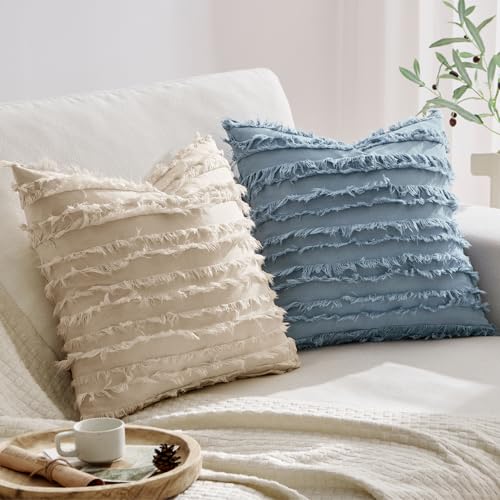 MIULEE Decorative Boho Throw Pillow Covers Set of 2 Spring Neutral Beige Linen Striped Jacquard Pattern Modern Cushion Cov...