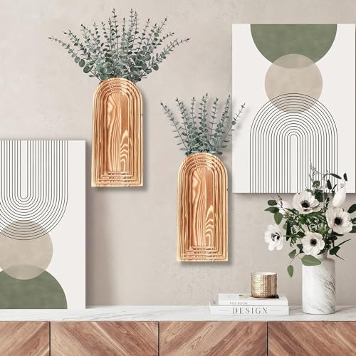 Dnnnii 2 Pack Wooden Wall Vase Set - Brown Finish Modern Farmhouse & Boho Wall Decor for Entryway, Hallway, Bathroom, Livi...