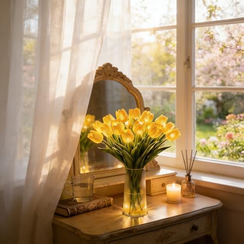 NexHike Radiant Romantic Tulip Light with a Vase, 15 PCS Twinkling Tree Tulips Led Night Light that Never Fade, Flower Sha...