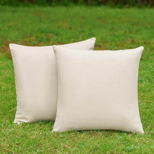 NiNi ALL Pack of 2 Decorative Outdoor Waterproof Pillow Covers Square Linen Textured Garden Cushion Sham Throw Pillowcase ...