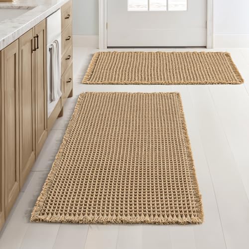 MIULEE Set of 2 Waffle Bathroom Rugs, Boho Bath Rugs Non Slip Washable, Super Absorbent Bath Mats, Ultra Soft Rubber Backe...