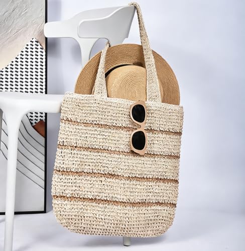 TOFUNTOY Straw Beach Bag for Women Summer Handmade Woven Shoulder Beach Tote Bag Large Capacity Tote Bag for Summer Vacation