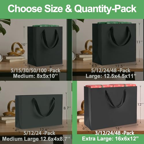 MOXARYSU Extra Large Black Gift Bags: 16x6x12 Inch 3pcs Black Paper Bags With Handles Bulk For Party Shopping Birthday Wed...