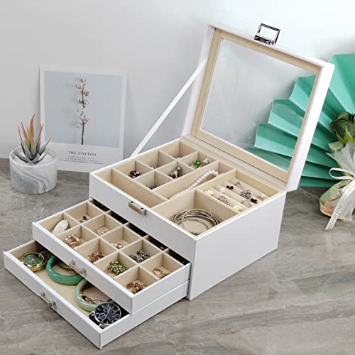 BOOVO Clear Lid Jewelry Box,3 Layers Jewelry Organizer Large Multi-Functional Jewelry Storage Box with 2 Drawers,Jewelry D...