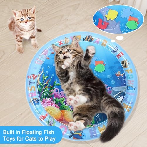 Cat Water Mat, Pet Water Bed with Fish, Thickened Sensory Play Mat for Cats, Leak-Proof Inflatable Cooling Playmat, Washab...