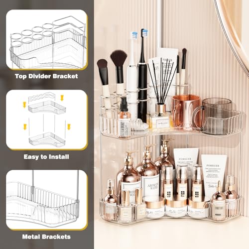 Asayuee 2-Tier Corner Bathroom Counter Organizer with Top Toothbrush Holders,Large Makeup Organizer Countertop with Brush ...