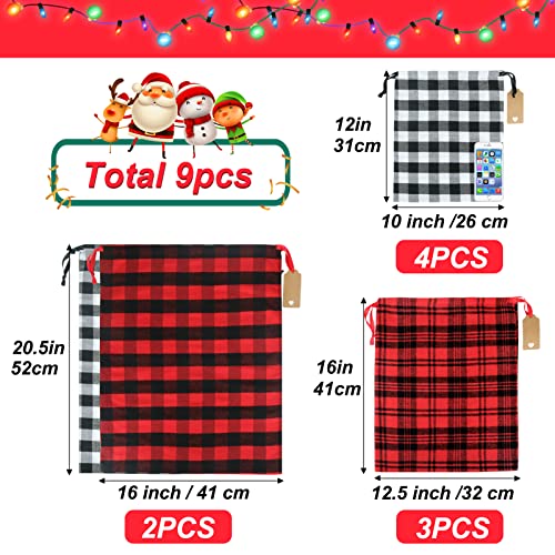 HRX Package Fabric Gift Bags Drawstring Assorted, 9pcs Reusable Christmas Wrapping Sacks Buffalo Plaid Cloth Bag with Gift...