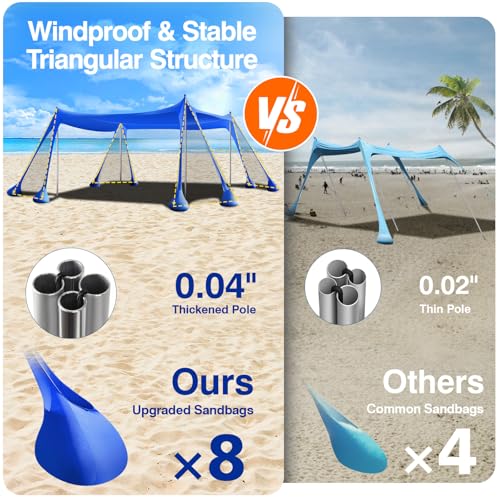 Rhino Valley Beach Tent Shade Canopy UPF50+ Protection, 8 Sandbags, 4 Stability Poles, Outdoor Sun Shelter Umbrella for Sa...