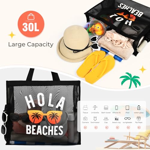 KUIRAN 30L Large Beach Bag with Pouch Foldable Sandproof Lightweight Mesh Tote Bag with Two Pockets for Swimming Travel
