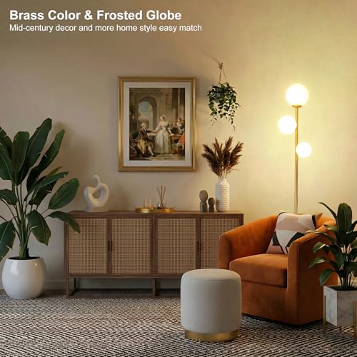Fiqevs 3 Globe Floor Lamp Mid Century Modern, Gold Standing Lamp with Frosted Glass Shade & LED Bulbs, Tall Pole Light wit...