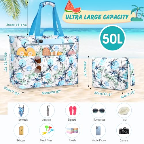 ZENTREON Extra Large Beach Bags for Women, Waterproof Beach Tote Bag with Zipper and Wet Pocket, Foldable Swim Pool Bag