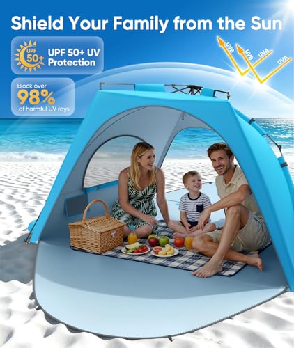 Raynesys Beach Tent Sun Shelter, 3-4 Person Pop Up Beach Canopy, Portable Sun Shade Tent with Carrying Bag for Sands & Out...