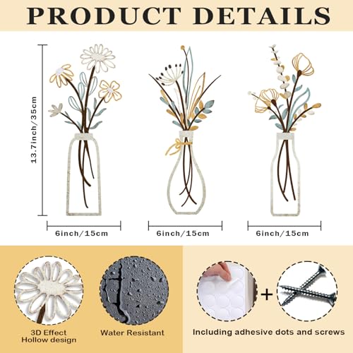 Pigort 3 Pieces Metal Flowers Wall Art- Rustic Farmhouse Decor Minimalist Decor for Living Room Bathroom Bedroom Dining Ro...