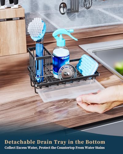 Consumest Sponge Holder for Kitchen Sink - Kitchen Sink Caddy Organizer with Removable Drip Tray for Countertop Dish Soap ...