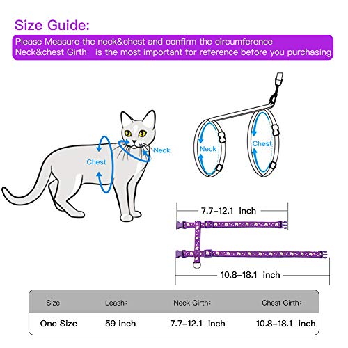 Cat Harness and Leash Set Gold Moons Soft Nylon Escape Proof Adjustable for Kittens Small Animals Glow in The Dark(Purple)
