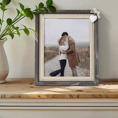 Afuly 8x10 Picture Frame Wooden Distressed Rustic Photo Frame with White Heart Burlap Lace, Solid Wood Frame for Farmhouse...