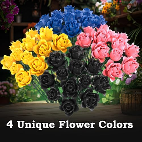 12 Black Roses Building Block Bouquet Set, 585 PCS Artificial Flowers– Symbol of Mystery, Elegance & Transformation – Goth...